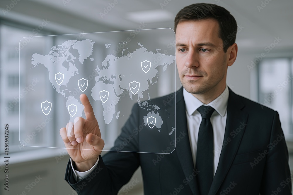 Aufkleber business professional man in suit using transparent digital security map interface.