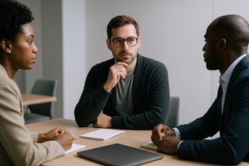 Professional diverse business meeting with two men and one woman discussing strategy.
