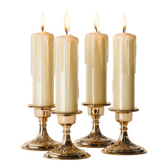 Fototapeta premium Illuminating ambiance with four elegant candles atop ornate golden candle holders casting a warm glow and charm