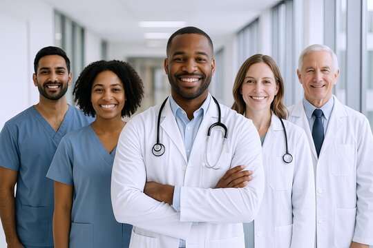 Diverse Group of Medical Professionals in a Bright Hospital Corridor Celebrating Healthcare. - Powered by Adobe