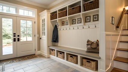 Mudroom Entryway with Built-In Bench and Storage Hooks