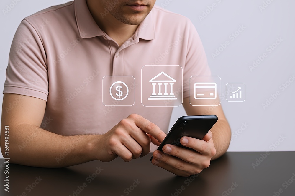 Poster man using mobile phone with banking and financial icons floating above in modern digital environment