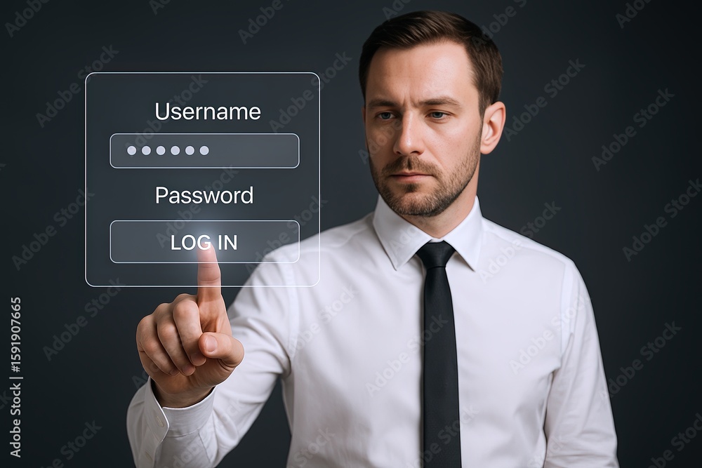 Poster businessman in formal attire touching virtual login interface interface on dark background.