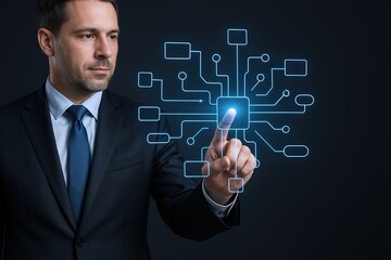 Businessman interacting with digital interface representing technology and innovation.