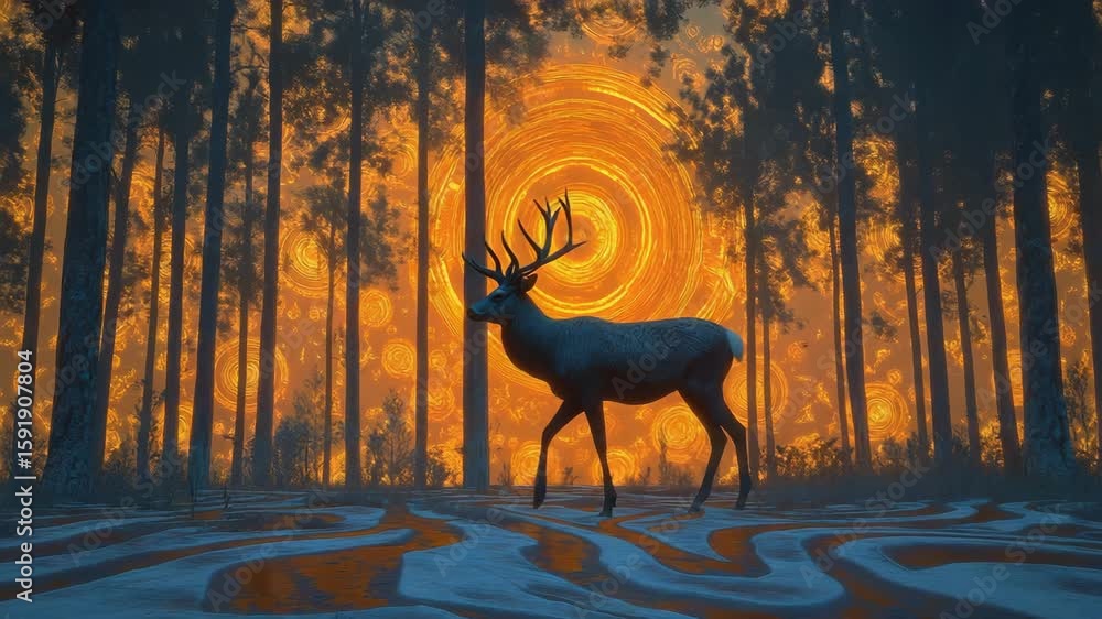Poster stag standing in a surreal forest with illuminated circular designs and tall trees under an abstract