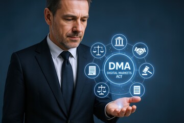 Businessman in formal suit interacting with digital market and legal icons on futuristic interface.