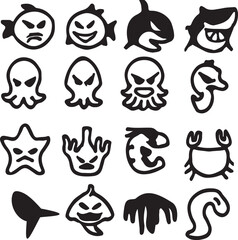 Obraz premium fish's face icon vector set Adjustable Line Weight with white background sea animal looks silhouette pictograms clear display