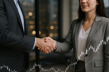 Professional Businesspeople Shaking Hands in Office with Financial Data and Stock Market Graphs.