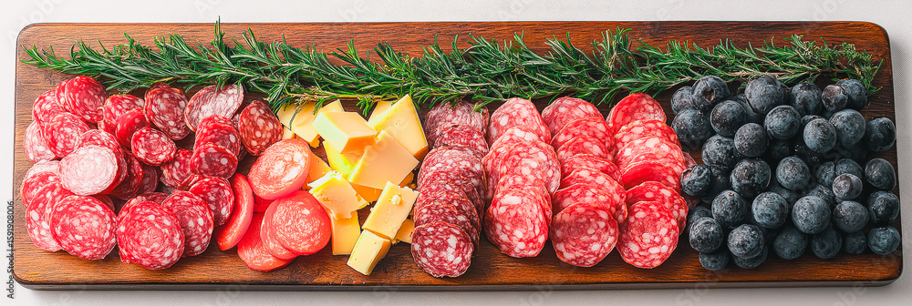 Poster wooden platter with a variety of meats and fruits. the platter is arranged in a way that the meats a