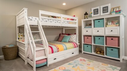 Kids Bedroom with White Bunk Bed and Toy Storage Bins
