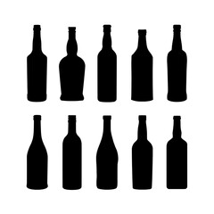 set of bottles , Ten black silhouette bottles arranged in two rows on a white background