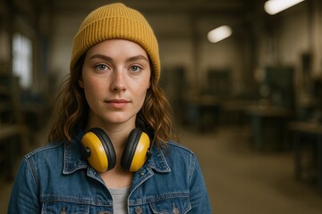 Portrait of a confident young woman wearing a yellow beanie and headphones indoors.