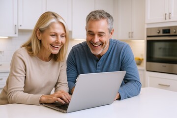 Happy middle-aged couple using laptop together in modern kitchen smiling and laughing.