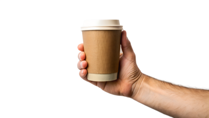 A persons hand holds a disposable paper cup of hot coffee, isolated against a plain transparent background