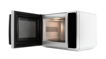 Open microwave oven appliance showcasing interior features for cooking and reheating food in a modern kitchen