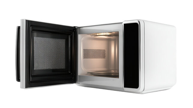Open microwave oven appliance showcasing interior features for cooking and reheating food in a modern kitchen