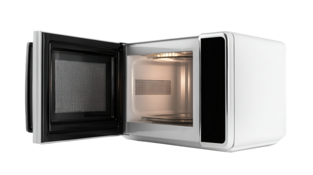 Open microwave oven appliance showcasing interior features for cooking and reheating food in a modern kitchen