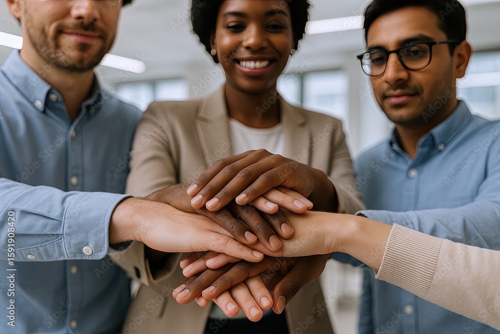 Poster diverse group of business professionals showing unity and teamwork in office setting.