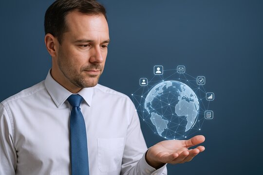Businessman holding digital globe with technology icons and global network concept.