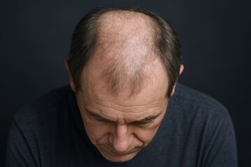 Fototapeta premium Close-up of a balding middle-aged man with receding hairline and worried expression.