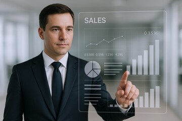 Professional businessman in formal suit analyzing digital sales data with virtual holographic interface.