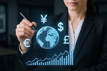 Businesswoman using digital tablet with world map and currency icons in modern office.