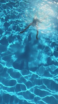 Woman Swimming in a Luxury Clear Blue Pool During a Summer Vacation Day, aerial shot