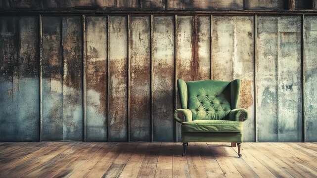 Green velvet armchair situated against a distressed metal wall in an empty room showcasing a wooden floor and industrial
