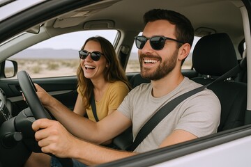 Happy young couple enjoying road trip driving car while smiling and wearing sunglasses in desert landscape.