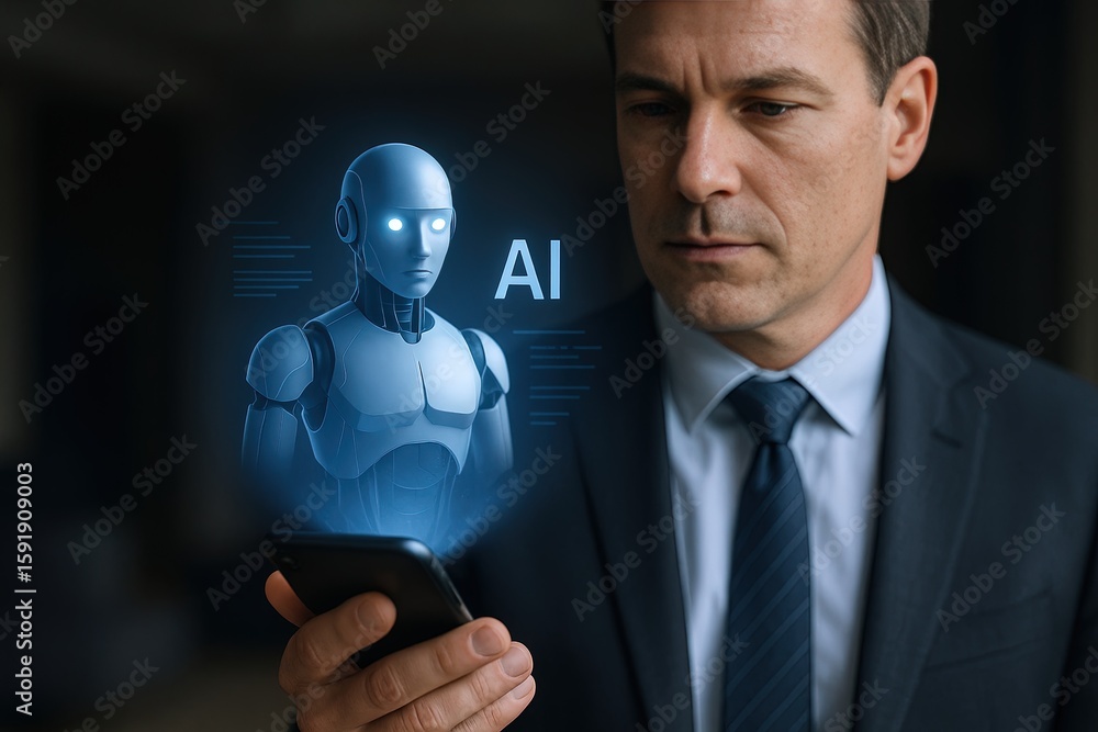 Poster businessman using smartphone with digital ai robot hologram in modern technology setting.