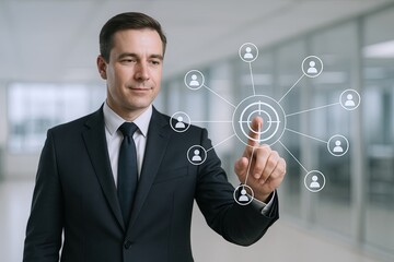 Professional businessman in formal suit touching digital social network interface in modern office.