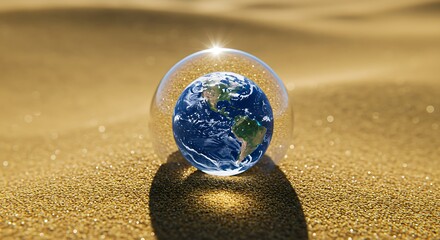 Fragile Earth A Globe Encased in a Bubble on Golden Sand, Illustrating Environmental Concerns and the Delicate Balance of Our Planet