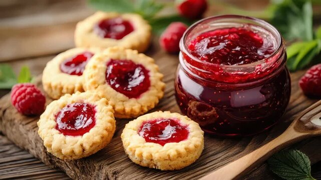 Round shortbread cookies with raspberry jam centers on a rustic wooden board A jam jar and fresh berries are visible
