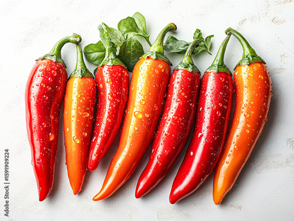 Poster row of red and orange peppers with water droplets on them. the peppers are arranged in a neat row, w