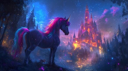 Magical unicorn stands guard by a glowing castle in a mystical forest at night.
