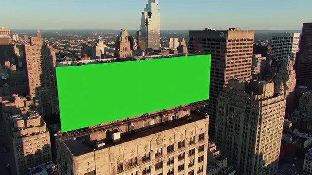 Aerial View of Large Green Screen Billboard on Rooftop in Bustling Cityscape at Golden Hour, Ready for Custom Advertising Content