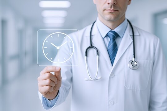 Medical doctor in a white coat with stethoscope and holographic clock interface in hospital corridor.
