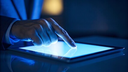 Close up of a person s finger touching a bright glowing tablet screen in a dark room