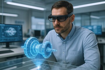 Modern scientist analyzing holographic 3D mechanical gear model in high tech lab.