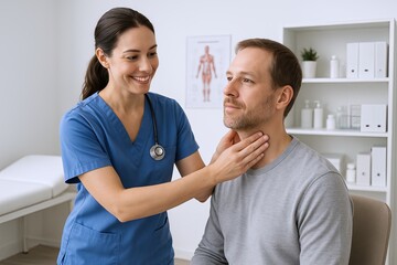 Obraz premium Healthcare professional performing a neck examination on a male patient in a medical clinic.
