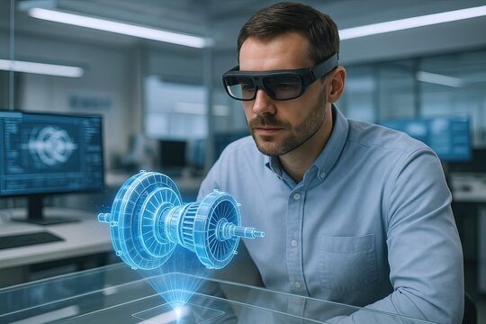 Modern scientist analyzing holographic 3D mechanical gear model in high tech lab.