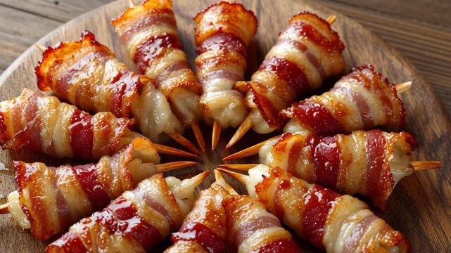 Finger food crispy bacon skewers arranged in a radial pattern