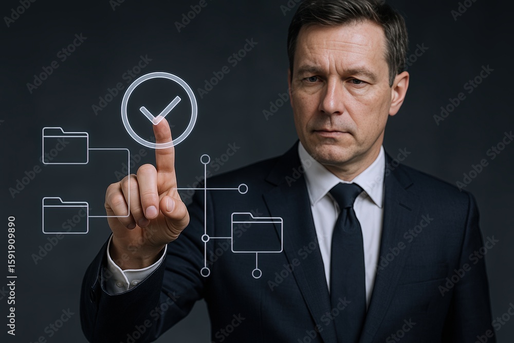 Aufkleber businessman touching digital interface with futuristic data visualization on dark background.