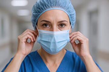 Female healthcare professional adjusting protective face mask in hospital corridor.