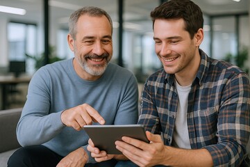 Happy smiling men using digital tablet in modern office environment lifestyle.