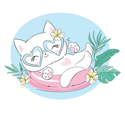 Hand Drawn cute cat vector illustration, Kids Print design, children trend print on t-shirt