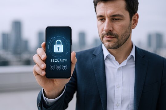 Businessman holding smartphone displaying security lock symbol on large city rooftop.