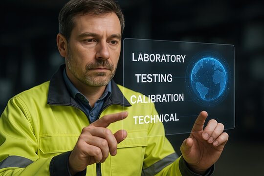 Male scientist in laboratory testing calibration technical digital hologram display screen. - Powered by Adobe