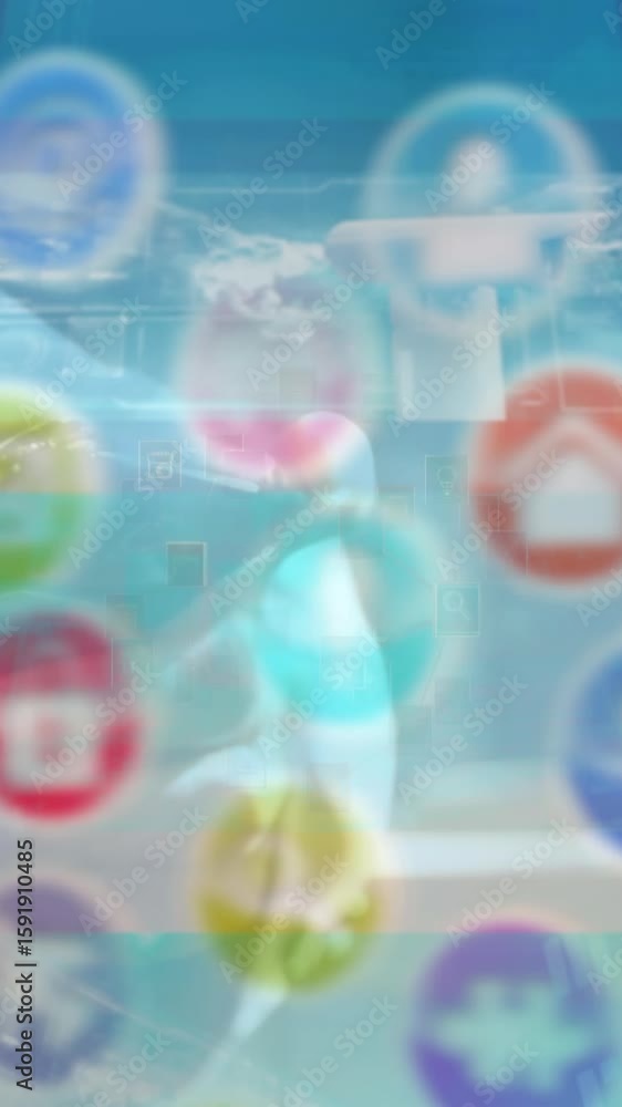 Poster animation of network of connections with icons over moving screens