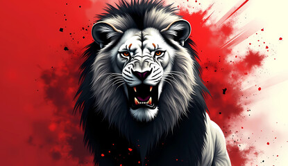 An illustration of an angry black and white lion with a red and white smoke gradient background. AI generated